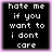 Four identical black square with white pixelated text reading "hate me if you want to i dont care" arranged in a on a light purple background
