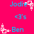 Pixelated text and symbols on a bright pink background with blue and white elements arranged in repeating patterns.