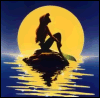 Silhouette of a seated figure on a rock at night with a large yellow moon behind, reflected in rippling water.