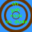 Four identical circular icons with brown concentric rings on a blue background, each containing green text reading 'oh yah rock on dude' in pixelated font.
