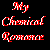 A 5x5 contact sheet of animated frames showing text-based visuals with red and white pixelated lettering on a black background, displaying lyrics from My Chemical Romance's song "I'm Not Okay (I Promise)".