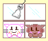 Pixel art animation of two cat-like characters with pink and brown fur, a hanging bell icon, and blue diagonal lines on white backgrounds.