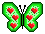 Green butterfly-shaped icon with red heart symbols on wings, black antennae, and pixelated style on gray background.