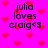 A static image with a bright pink background covered in red pixelated hearts, displaying the text "julia loves craig<3" in black pixelated font.