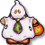 Pixelated character with white body, green tie, purple collar, and orange eyes holding a pumpkin lantern.