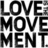 Black and white pixelated text reading LOVE MOVE MENT arranged in three stacked lines on a solid background.