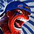 Pixelated static image of a cartoon character with red skin and blue helmet against a blue-and-white background.