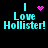 Pixelated cyan text 'I Love Hollister!' on black background with pink heart and starburst symbols above the 'I'.