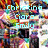 Pixelated collage of colorful abstract shapes with light blue text names overlaid on a gray background.