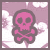 Pixelated pink skull and crossbones icon with dark outline on purple background, surrounded by white cloud shapes.