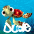 Pixelated turtle-like character with red shell and white eyes rides a bicycle against blue background, text below reads 'Dude' in stylized font.