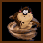 Animated cartoon character with brown hair and pink cheeks wrapped in a swirling brown spiral, eyes closed then opening, mouth closed then opening.