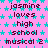 Pixelated text repeats across a pink background with cyan stars, featuring 'jasmine loves high school musical 2' in dark purple letters, with a gray rectangle in the bottom-right corner.