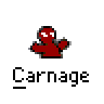 Animated contact sheet of 10 Carnage-themed AIM buddy icons showing a red cartoon character with white eyes and black outlines in various poses with red wavy lines against a gray background.