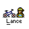 Animated contact sheet of a pixel art character named Lance riding a bicycle through multiple motion frames with text overlays.