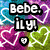 Pixelated text 'Bebe, il ya!' dominates a colorful background with swirling patterns and heart shapes in cyan, purple, pink, and green hues.