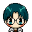 Pixel art character with teal hair and glasses showing four distinct facial expressions in a