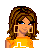 Pixelated character with brown curly hair, blue eyes, and large square earrings wearing an orange shirt with white symbol.