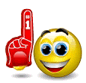Yellow emoji face with blue eyes and red mouth next to red foam finger showing '1' on white background.