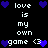 Pixel art icon with black background, white text, and blue hearts showing "love is my own game <3" in multiple arrangements.