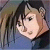 Pixelated anime-style character with dark hair and light skin, facing left against a muted background.