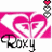 A pink and white heart-shaped design with 'Roxy' text below, featuring a vertical stack of three heart icons above the design that alternates between red and gray hearts.