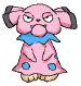 Pink polka-dotted creature with blue collar and feet, two expressions showing closed eyes then open mouth.