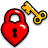 Static pixel art icon featuring a red padlock and golden key on white background.