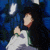 Two identical anime-style figures with long black hair and white clothing hold up a small object against a blue background with light effects.