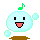 Pixelated light blue blob with black square eyes, brown base, and floating bubbles; green musical note on top in one state, pink in another.