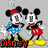 Pixelated image of two cartoon characters with large black ears, one in blue dress and red bow, the other in red shorts, standing side-by-side on gray background.