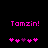 Pixelated pink text 'Tomzin!' above a of five heart symbols on black background, with one purple heart among four pink hearts