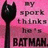 Black cat-shaped icon with white eyes on pink gradient background, text reads 'my spork thinks he's BATMAN.'
