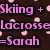Pixelated text displays 'Skiing + Lacrosse = Sarah' in pink letters on a dark brown background with scattered light pink dots.