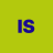 Blue pixelated 'IS' text on solid yellow background with slight color bleeding on edges.