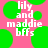 Pink background with green circles and white text reading 'lily and maddie bFFs' in pixelated font.