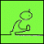 Green background with a stick figure performing sequential poses including crouching, sitting, standing, and bending over.