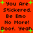 Red background with black text reading "You Are Stickered. Be Emo No More! Poof. Yeah." and green plus signs scattered throughout.