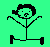 Pixelated stick figure with curly hair performs three distinct actions on a green background: lifting weights, holding headphones, and swinging a hammer.