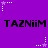 Purple background with repeated black text 'TAZNIIM' and white/purple star-shaped pixel art elements arranged in a pattern
