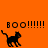Pixelated black cat walks left on orange background with "BOO!!!!!!" text above; one frame shows partial gray area at bottom-right corner.