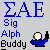 Blue Greek letters ΣAE above blue 'Sig' text, with black 'Alph Buddy' below. A pixelated figure in a blue jacket holds up one finger while emitting white speech bubbles.