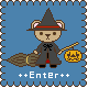 Pixelated witch-bear character holding broom and pumpkin, blue background with stitched border, text reads ++Enter++
