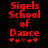 Red pixelated text "Sigels School of Dance" on black background with five red asterisks below, two versions differ in middle asterisk color.