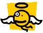 A 3-frame animated contact sheet showing a yellow stick-figure angel with wings, halo, and running pose against a gray background.