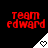 Red pixelated text 'team edward' above white triangular shapes with heart symbols on black background.