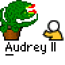 Animated contact sheet of a pixel-art plant monster with red mouth and yellow hands interacting with white balls in various poses across 10 frames.