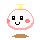 Four pixel-art frames of a round white character with pink cheeks and yellow top, each showing slight pose or expression variations on gray background.