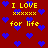 Red background with blue pixelated hearts and yellow text reading "I LOVE for life" repeated across the image.