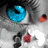 A split-screen image with a pixelated cat face on the left and blue text on the right, featuring a close-up of a cat's eye and a large eye graphic below.